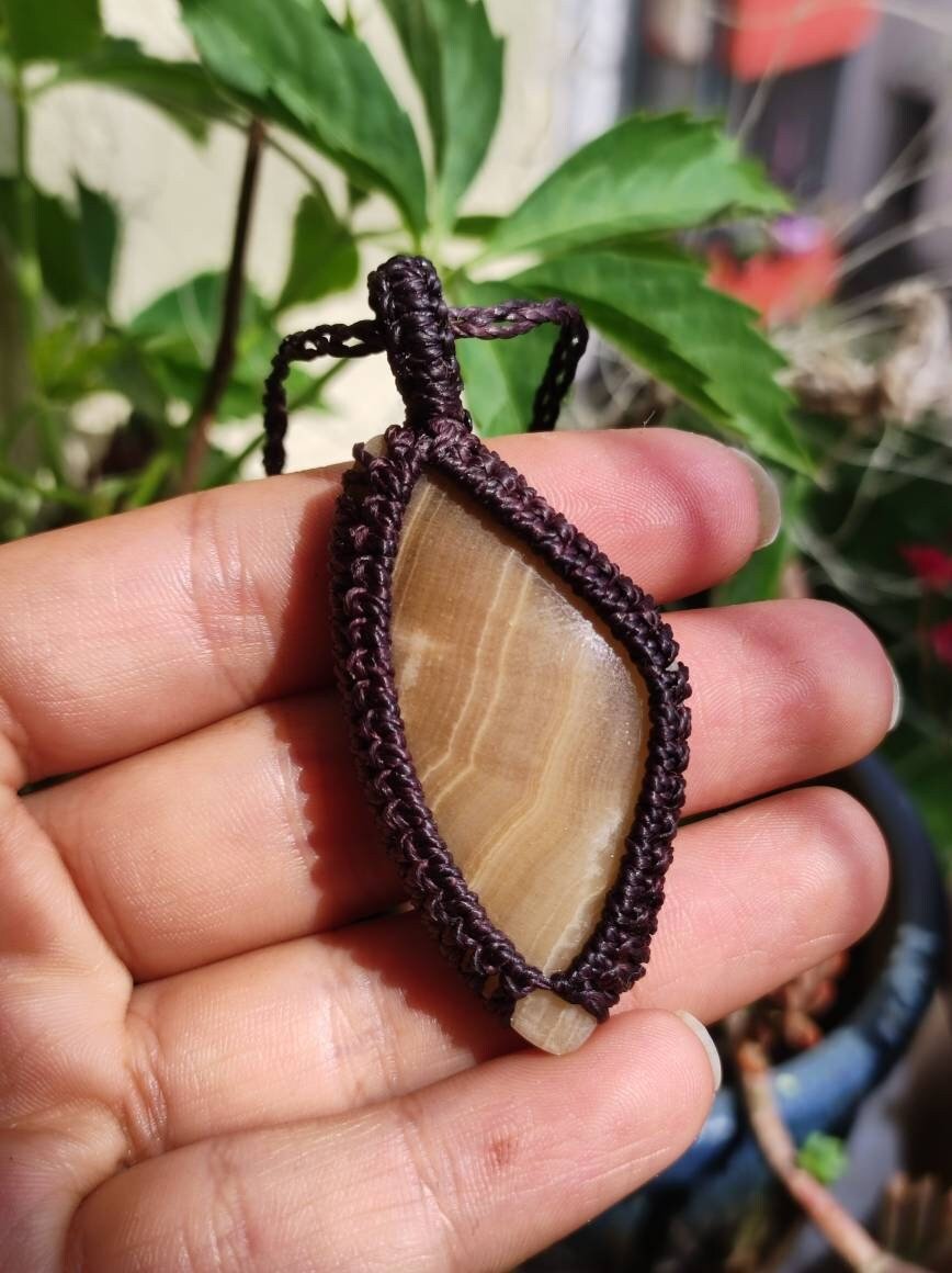 Caoti Aragonite Gemstone Macrame Necklace Brown Natural Healing