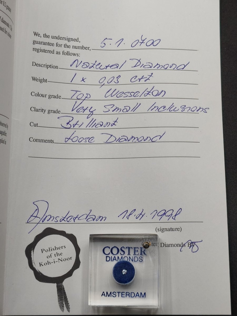2 echte Diamanten – Brillant 0,03 ct & Rohdiamant ca. 0,6 ct | Coster Diamonds Amsterdam | Zertifikat von 1998 Mineralien Sammler Rarität - Art of Nature Berlin
