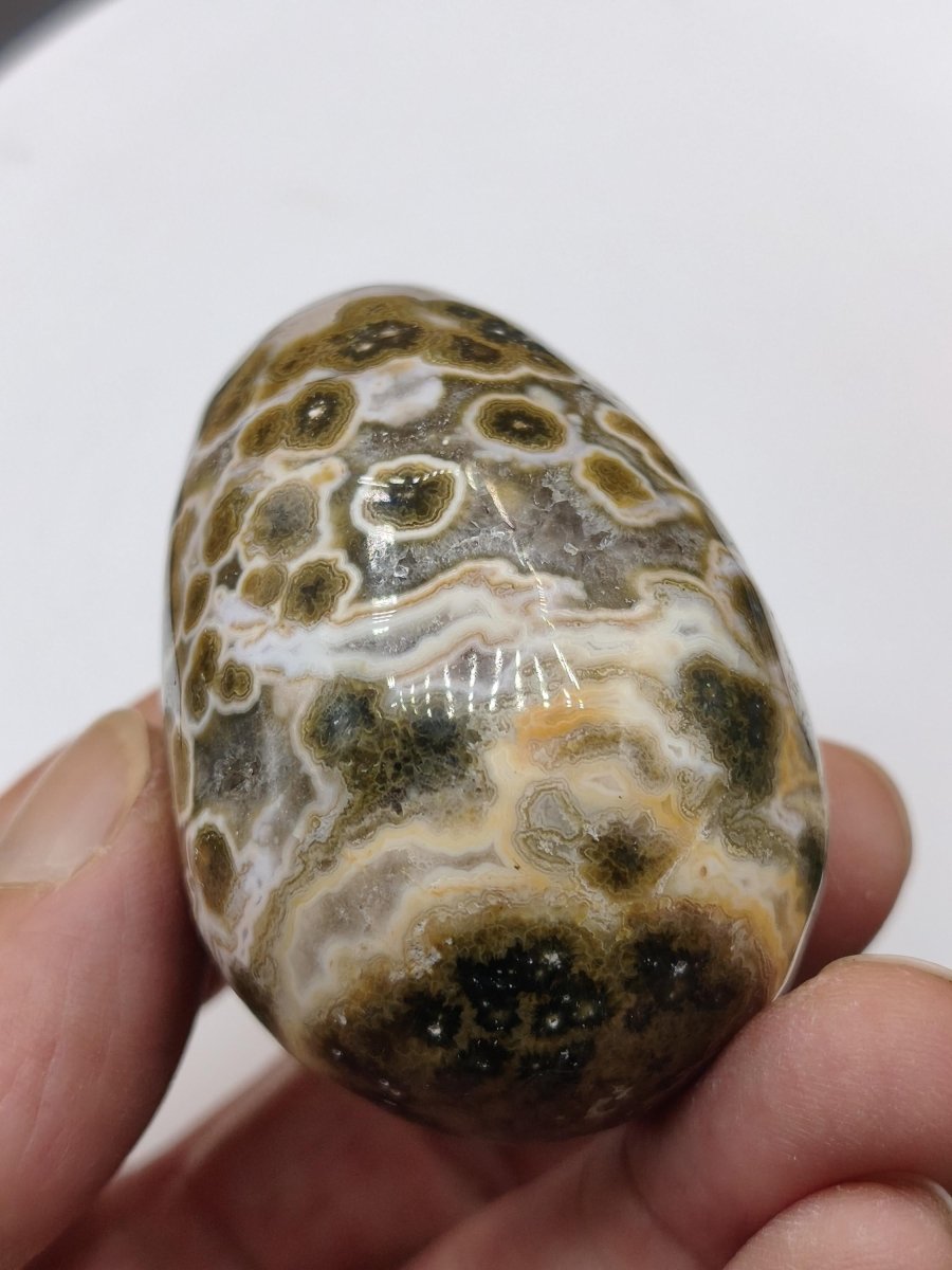 8 Adern Ocean Jaspis Orbicular brau gelb weiß Edelstein Ei Kugel Natur Heilstein Deko Crystal Geschenk Er Sie Mann Frau Haus Wohnen Selten - Art of Nature Berlin