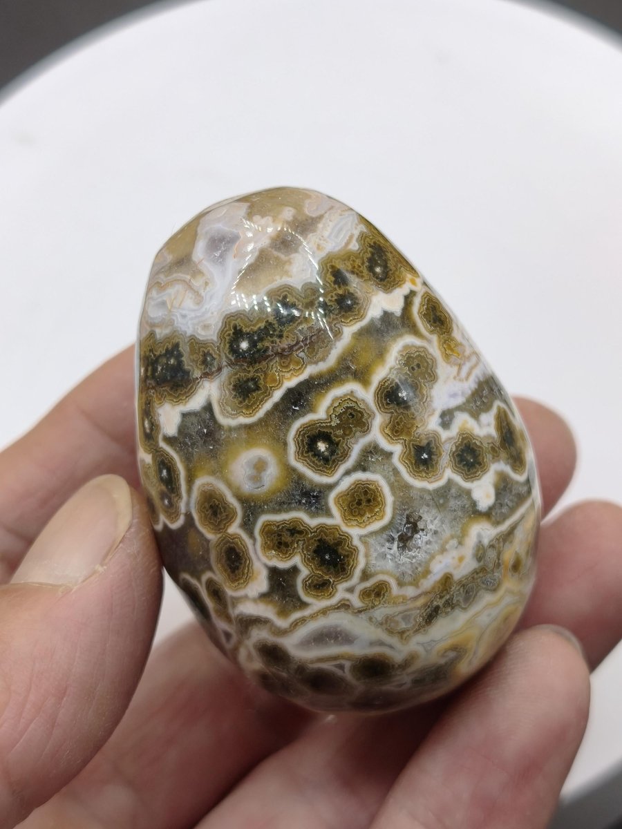 8 Adern Ocean Jaspis Orbicular brau gelb weiß Edelstein Ei Kugel Natur Heilstein Deko Crystal Geschenk Er Sie Mann Frau Haus Wohnen Selten - Art of Nature Berlin