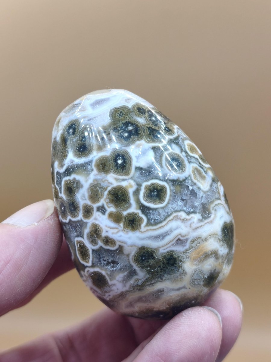 8 Adern Ocean Jaspis Orbicular brau gelb weiß Edelstein Ei Kugel Natur Heilstein Deko Crystal Geschenk Er Sie Mann Frau Haus Wohnen Selten - Art of Nature Berlin