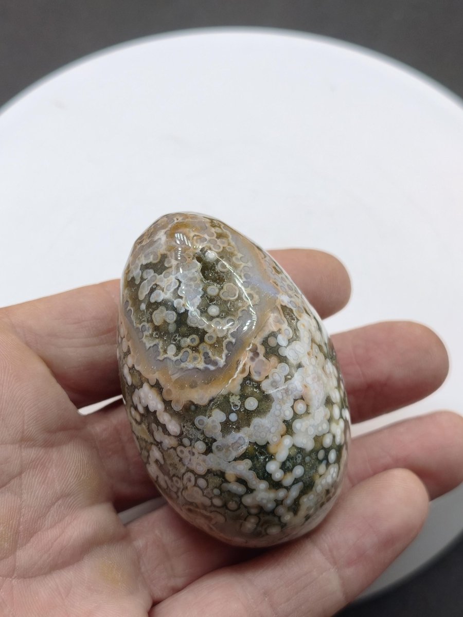 8 Adern Ocean Jaspis Orbicular grün beige Edelstein Ei Kugel Natur Heilstein Deko Crystal Geschenk Er Sie Mann Frau Haus Wohnen Selten - Art of Nature Berlin