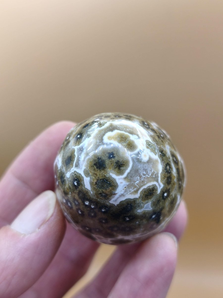 8 Adern Ocean Jaspis Orbicular grünbraun weiß - Edelstein Ei Kugel Natur Heilstein Deko Crystal Geschenk Er Sie Mann Frau Haus Wohnen Selten - Art of Nature Berlin