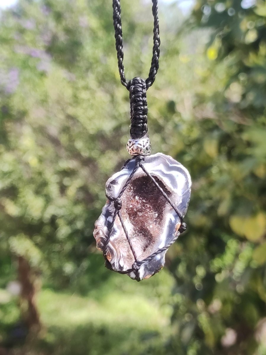 Achat Druzy Geode - Makramee Edelstein Kette Boho Ethno Vintage Natur Heilstein Energie Gechenk Er Sie Mann Frau Freundin Handarbeit Berlin - Art of Nature Berlin