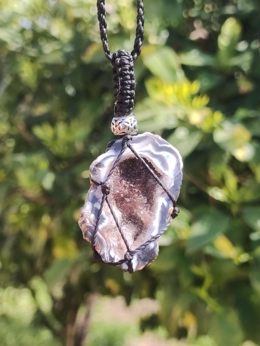 Achat Druzy Geode - Makramee Edelstein Kette Boho Ethno Vintage Natur Heilstein Energie Gechenk Er Sie Mann Frau Freundin Handarbeit Berlin - Art of Nature Berlin