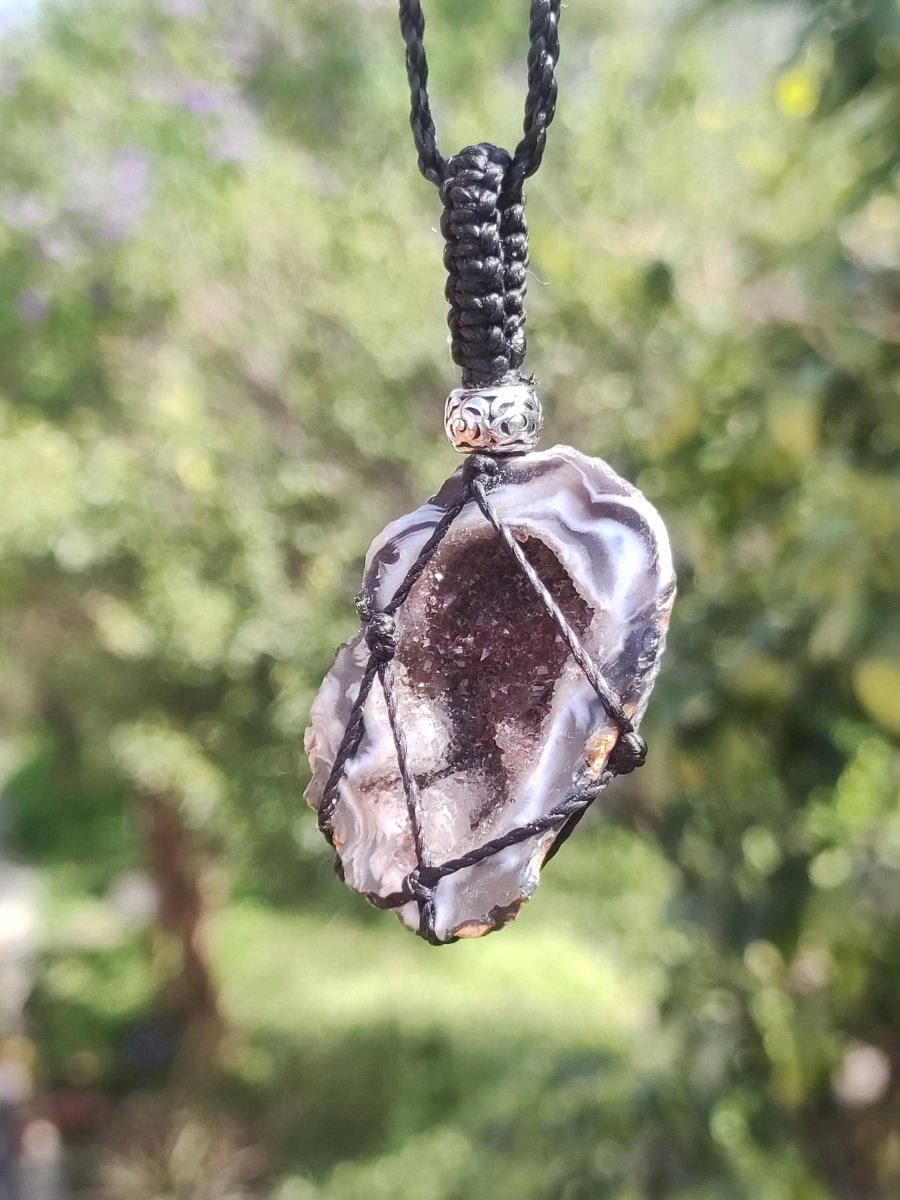 Achat Druzy Geode - Makramee Edelstein Kette Boho Ethno Vintage Natur Heilstein Energie Gechenk Er Sie Mann Frau Freundin Handarbeit Berlin - Art of Nature Berlin