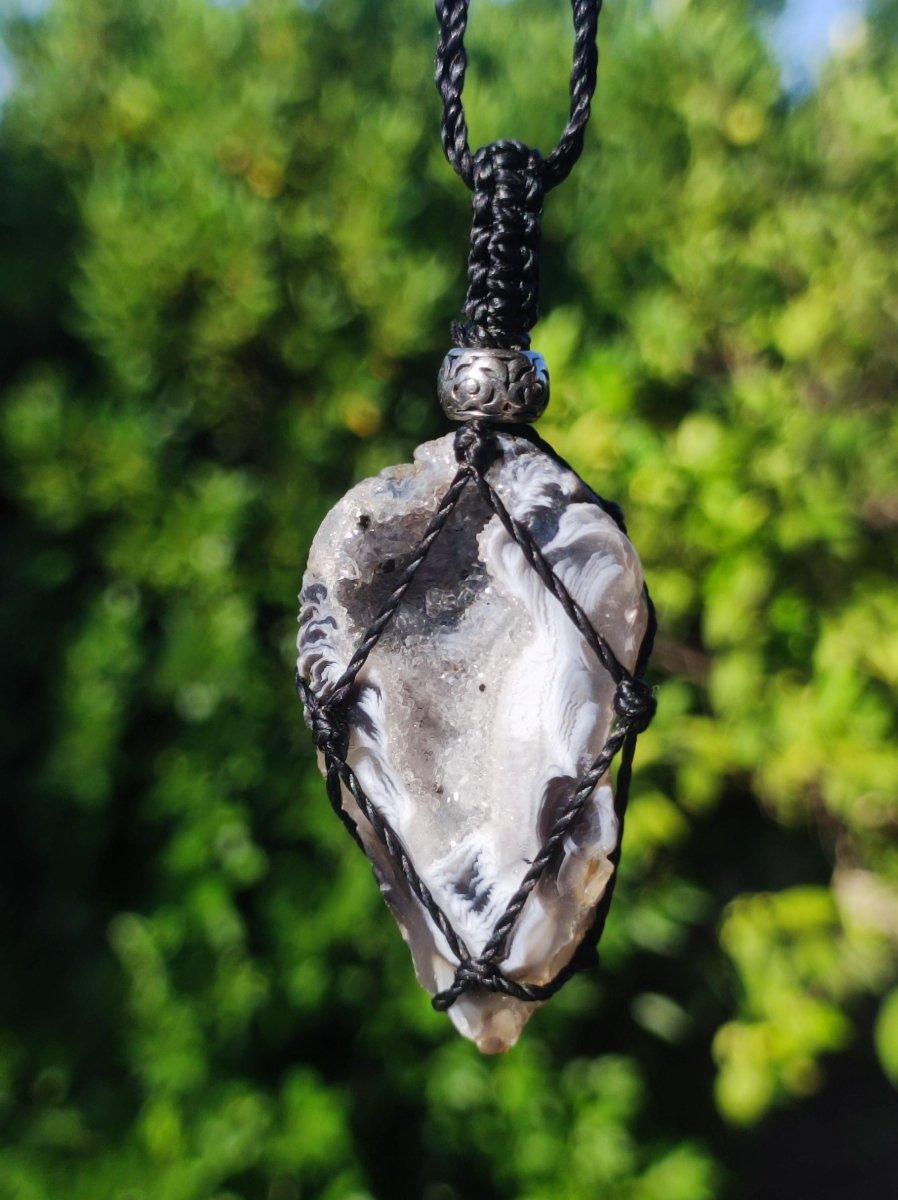 Achat Druzy Geode - Makramee Edelstein Kette Boho Ethno Vintage Natur Heilstein Energie Gechenk Er Sie Mann Frau Freundin Handarbeit Berlin - Art of Nature Berlin