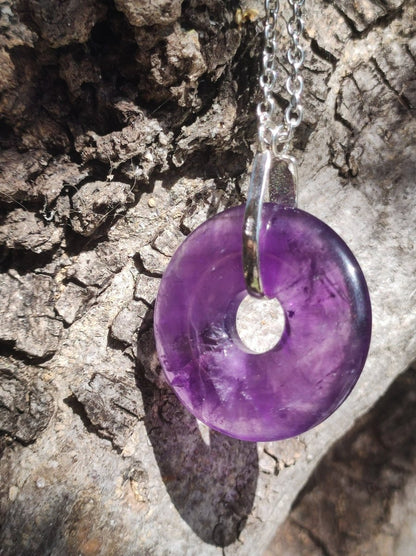 Amethyst ~ 925 Sterling Silber Edelstein Donut / Pi - Scheibe (chin. Schutzsymbol) ~ Kette Lila ~HIPPIE ~GOA ~Boho ~Ethno ~Nature ~Heilstein - Art of Nature Berlin