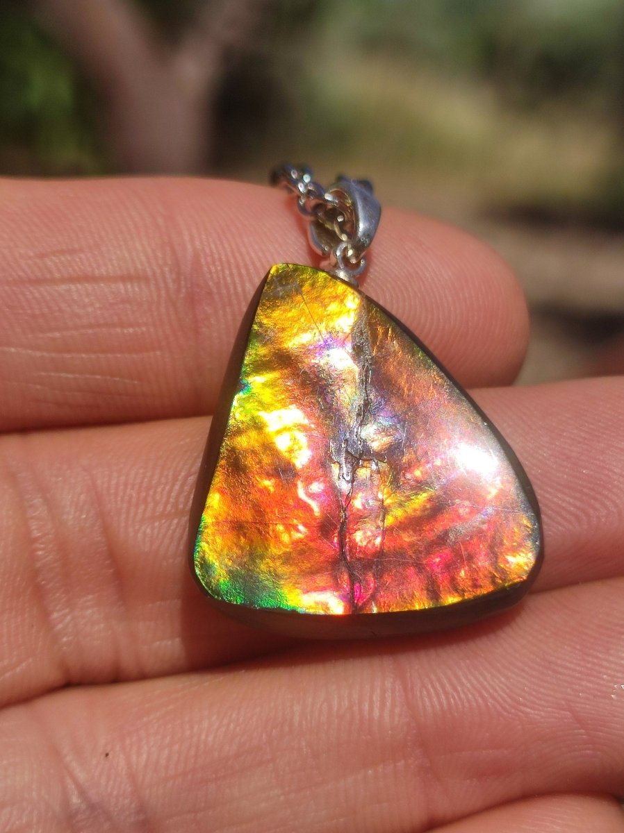 Ammolite Edelstein Kette 925 Sterling Silber ~ Opalisierend ~HIPPIE~GOA~Boho~Ethno~Nature~Heilstein~Fossil~Selten~Sammler~Magic~Grün~Flash - Art of Nature Berlin