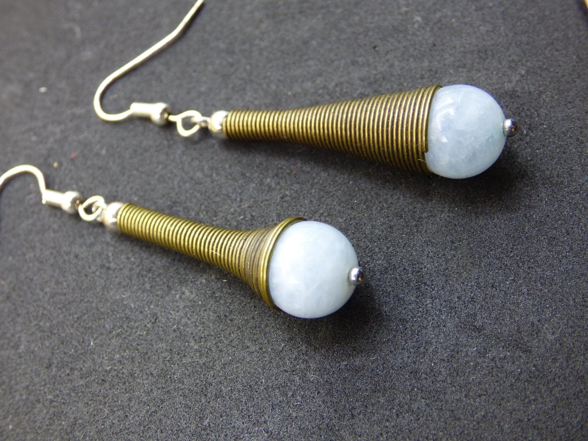 Aquamarin Trichter Bronze Edelstein Ohrringe Geschenk Frau Schmuck Sie Freundin grün GOA Hippie Boho Natur Heilstein Natur Ohrhänger - Art of Nature Berlin