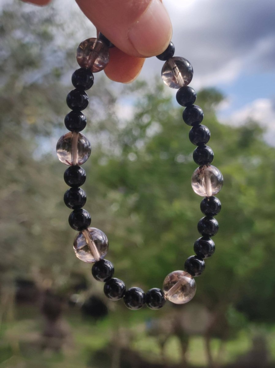 Azeztulite Black Gold + Turmalin (Schorl) AAA *Rarität* - Edelstein Armband Stretch Perlen Glück Mann Frau Er Sie Geschenk Freund Energie - Art of Nature Berlin