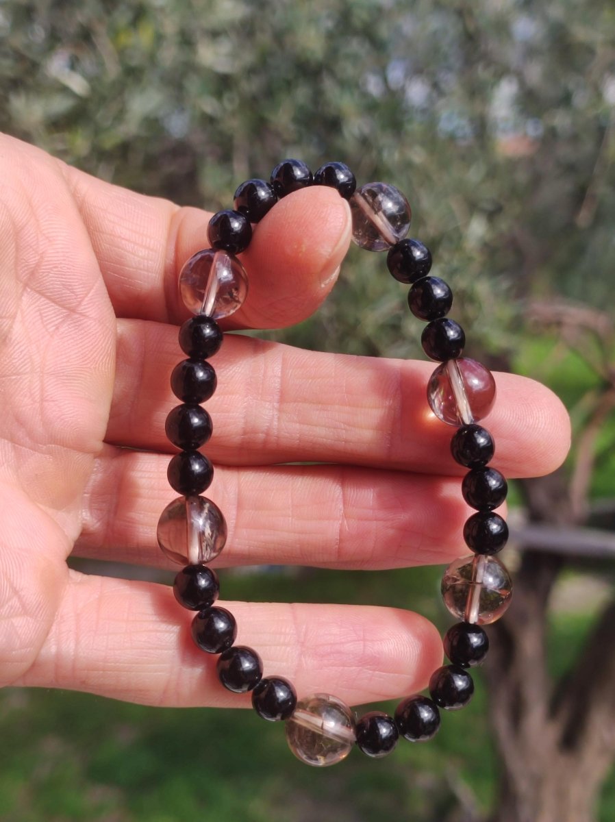 Azeztulite Black Gold + Turmalin (Schorl) AAA *Rarität* - Edelstein Armband Stretch Perlen Glück Mann Frau Er Sie Geschenk Freund Energie - Art of Nature Berlin