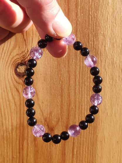 Azeztulite lila + schwarzer Turmalin (Schorl) AAA *Rarität - Edelstein Armband Stretch Perlen Glück Mann Frau Er Sie Geschenk Freund Energie - Art of Nature Berlin
