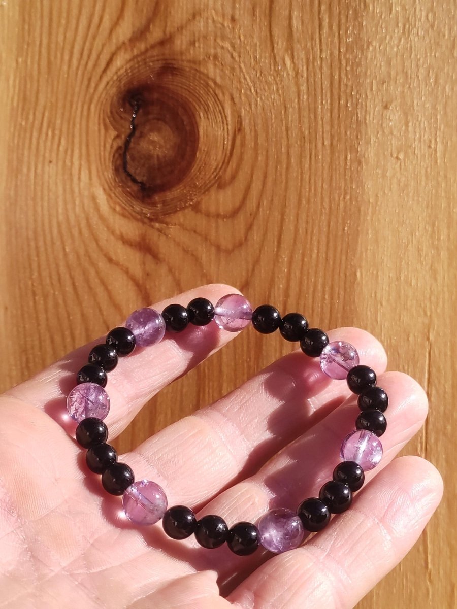 Azeztulite lila + schwarzer Turmalin (Schorl) AAA *Rarität - Edelstein Armband Stretch Perlen Glück Mann Frau Er Sie Geschenk Freund Energie - Art of Nature Berlin