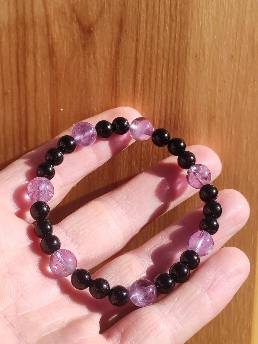 Azeztulite lila + schwarzer Turmalin (Schorl) AAA *Rarität - Edelstein Armband Stretch Perlen Glück Mann Frau Er Sie Geschenk Freund Energie - Art of Nature Berlin