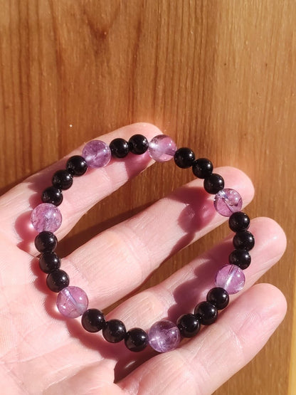 Azeztulite lila + schwarzer Turmalin (Schorl) AAA *Rarität - Edelstein Armband Stretch Perlen Glück Mann Frau Er Sie Geschenk Freund Energie - Art of Nature Berlin