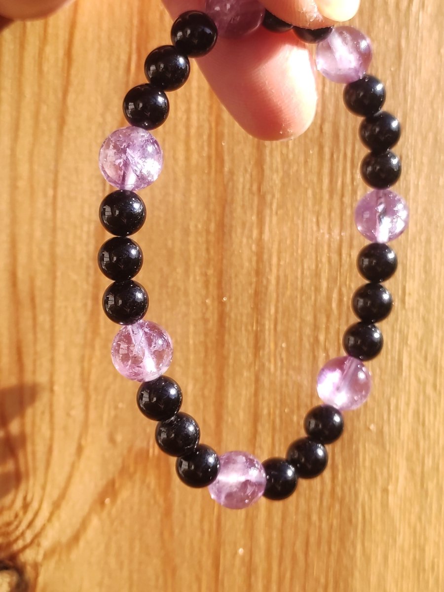 Azeztulite lila + schwarzer Turmalin (Schorl) AAA *Rarität - Edelstein Armband Stretch Perlen Glück Mann Frau Er Sie Geschenk Freund Energie - Art of Nature Berlin