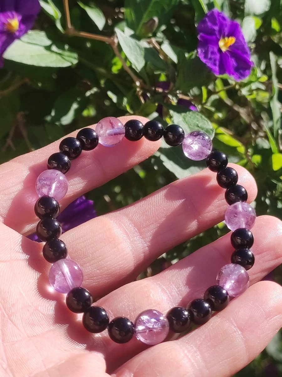 Azeztulite lila + schwarzer Turmalin (Schorl) AAA *Rarität - Edelstein Armband Stretch Perlen Glück Mann Frau Er Sie Geschenk Freund Energie - Art of Nature Berlin