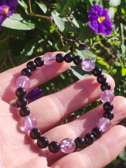 Azeztulite lila + schwarzer Turmalin (Schorl) AAA *Rarität - Edelstein Armband Stretch Perlen Glück Mann Frau Er Sie Geschenk Freund Energie - Art of Nature Berlin
