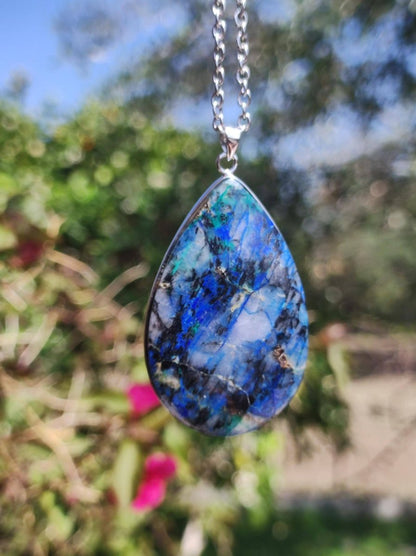 Azurit - Chrysocoll AAA - 925 Sterling Silber Edelstein Kette Natur blau Rarität Heilstein Kristall Mann Frau Er Sie Geschenk Freund Bruder - Art of Nature Berlin