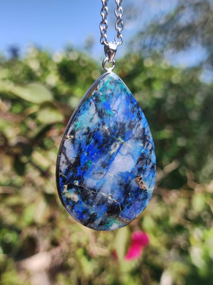 Azurit - Chrysocoll AAA - 925 Sterling Silber Edelstein Kette Natur blau Rarität Heilstein Kristall Mann Frau Er Sie Geschenk Freund Bruder - Art of Nature Berlin