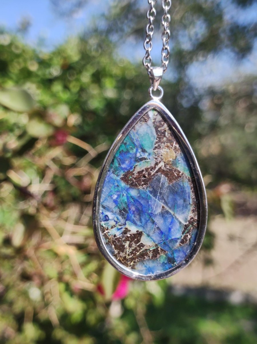 Azurit - Chrysocoll AAA - 925 Sterling Silber Edelstein Kette Natur blau Rarität Heilstein Kristall Mann Frau Er Sie Geschenk Freund Bruder - Art of Nature Berlin