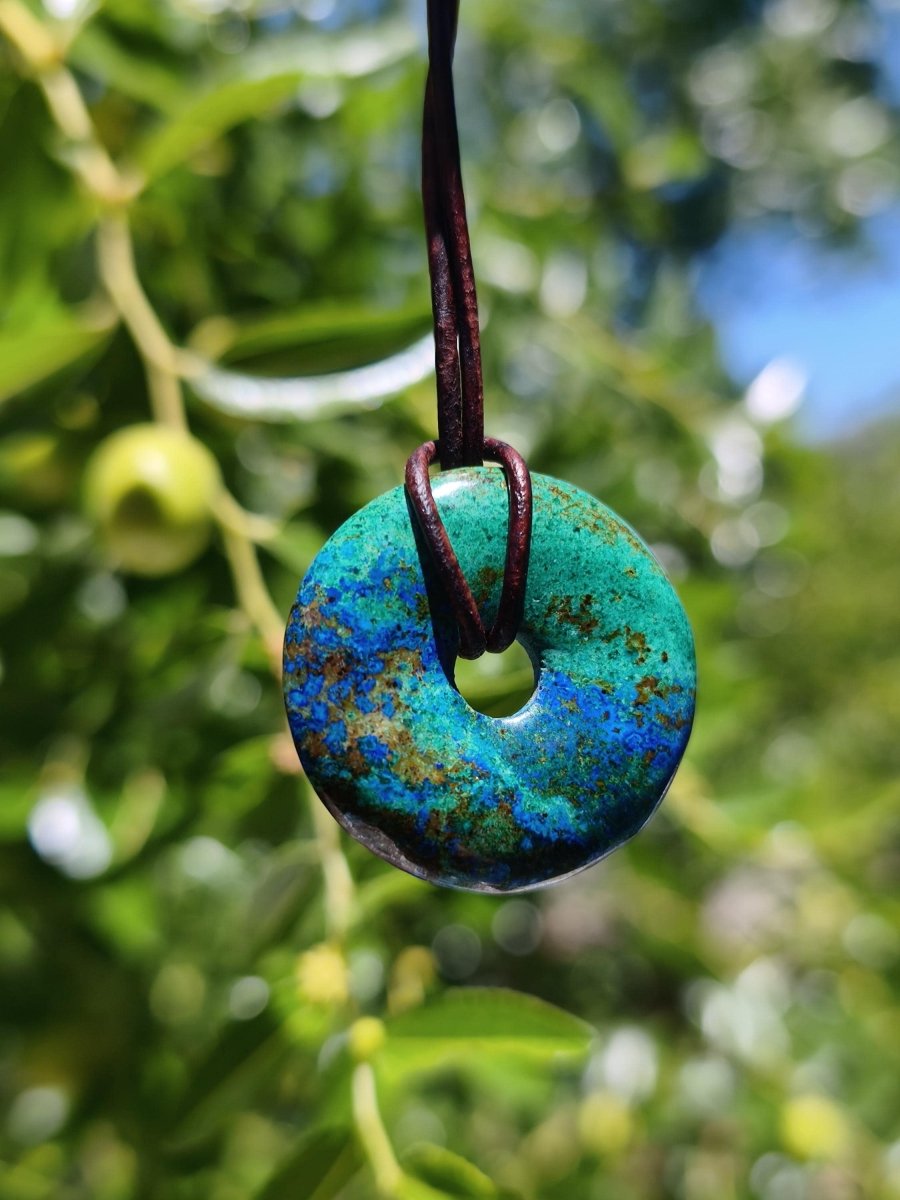 Azurit - Malachit - Chrysocoll blau grün ~ Edelstein Kette HIPPIE GOA Boho Tibet Ethno Nature Donut Schutzsymbol Heilstein Sammler Mann Frau - Art of Nature Berlin