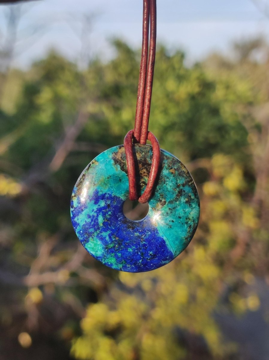 Azurit - Malachit - Chrysocoll blau grün ~ Edelstein Kette HIPPIE GOA Boho Tibet Ethno Nature Donut Schutzsymbol Heilstein Sammler Mann Frau - Art of Nature Berlin