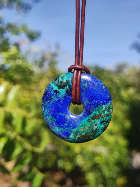 Azurit - Malachit - Chrysocoll blau grün ~ Edelstein Kette HIPPIE GOA Boho Tibet Ethno Nature Donut Schutzsymbol Heilstein Sammler Mann Frau - Art of Nature Berlin