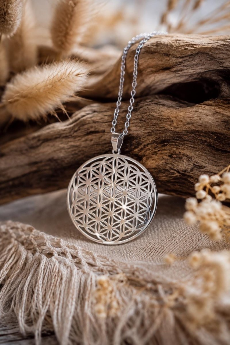 Blume des Lebens - Flower Seed of Life Mandala Blume Kette HIPPIE GOA Boho Tibet Ethno Nature Fibonacci Edelstahl Kette Silber Filigran Süß - Art of Nature Berlin