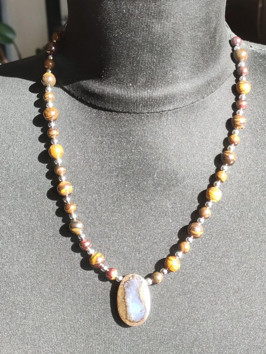 Boulder Opal - Designer Edelstein Perlen Kette Meditation Gebetskette Mantra Boho Heilstein Chakra Kristall Rarität Selten - Art of Nature Berlin