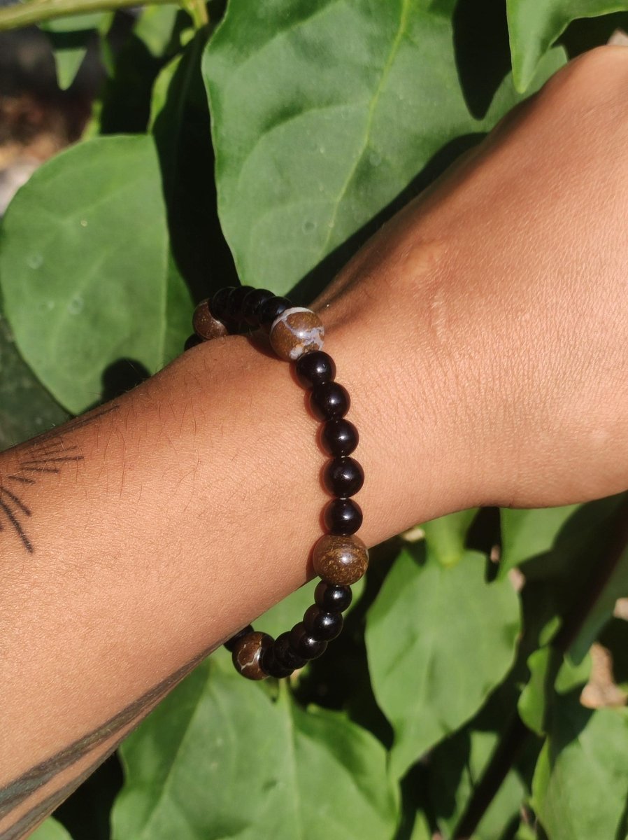 Boulder Opal + Turmalin schwarz (Schorl) - Edelstein Armband Stretch Perlen Geschenk Glück Mann Frau Kind Er Sie Freund Energie - Art of Nature Berlin