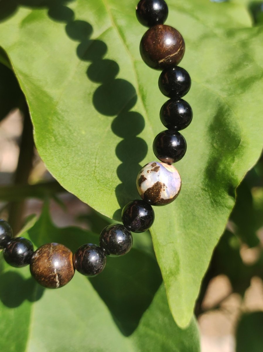 Boulder Opal + Turmalin schwarz (Schorl) - Edelstein Armband Stretch Perlen Geschenk Glück Mann Frau Kind Er Sie Freund Energie - Art of Nature Berlin