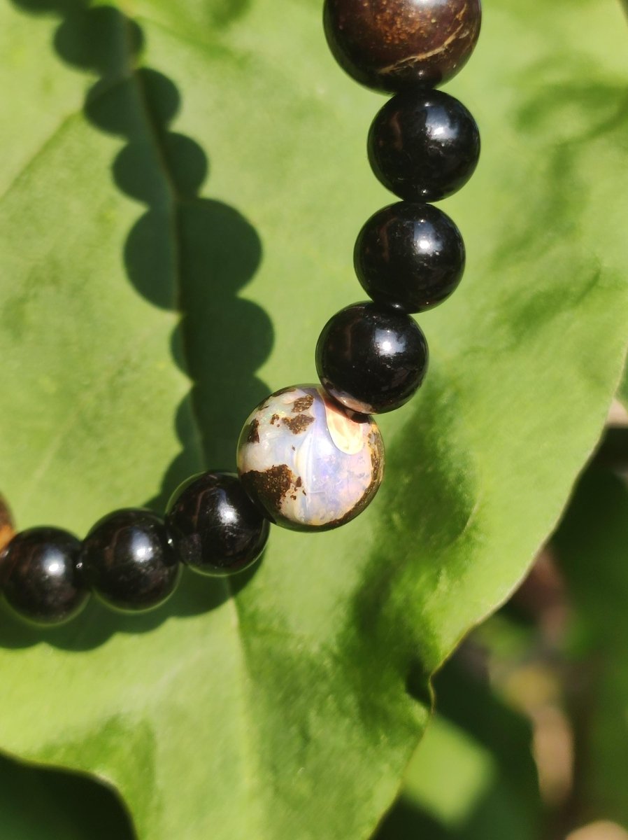 Boulder Opal + Turmalin schwarz (Schorl) - Edelstein Armband Stretch Perlen Geschenk Glück Mann Frau Kind Er Sie Freund Energie - Art of Nature Berlin