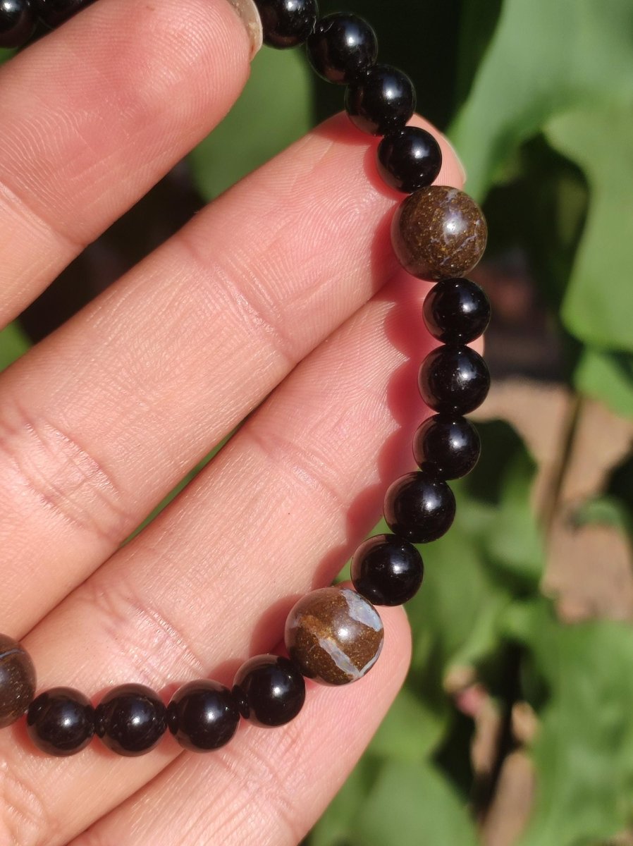 Boulder Opal + Turmalin schwarz (Schorl) - Edelstein Armband Stretch Perlen Geschenk Glück Mann Frau Kind Er Sie Freund Energie - Art of Nature Berlin