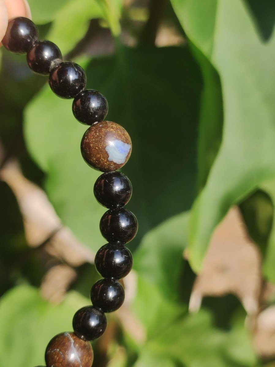 Boulder Opal + Turmalin schwarz (Schorl) - Edelstein Armband Stretch Perlen Geschenk Glück Mann Frau Kind Er Sie Freund Energie - Art of Nature Berlin