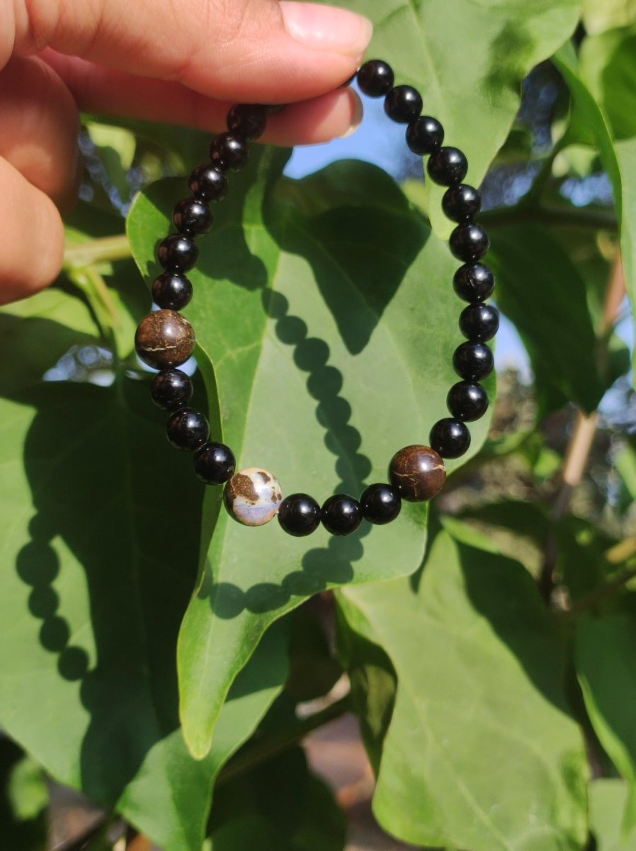 Boulder Opal + Turmalin schwarz (Schorl) - Edelstein Armband Stretch Perlen Geschenk Glück Mann Frau Kind Er Sie Freund Energie - Art of Nature Berlin