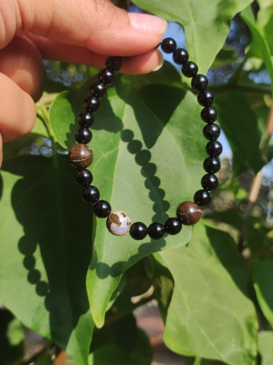 Boulder Opal + Turmalin schwarz (Schorl) - Edelstein Armband Stretch Perlen Geschenk Glück Mann Frau Kind Er Sie Freund Energie - Art of Nature Berlin