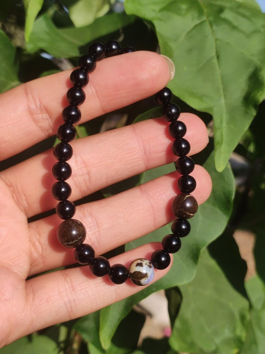 Boulder Opal + Turmalin schwarz (Schorl) - Edelstein Armband Stretch Perlen Geschenk Glück Mann Frau Kind Er Sie Freund Energie - Art of Nature Berlin
