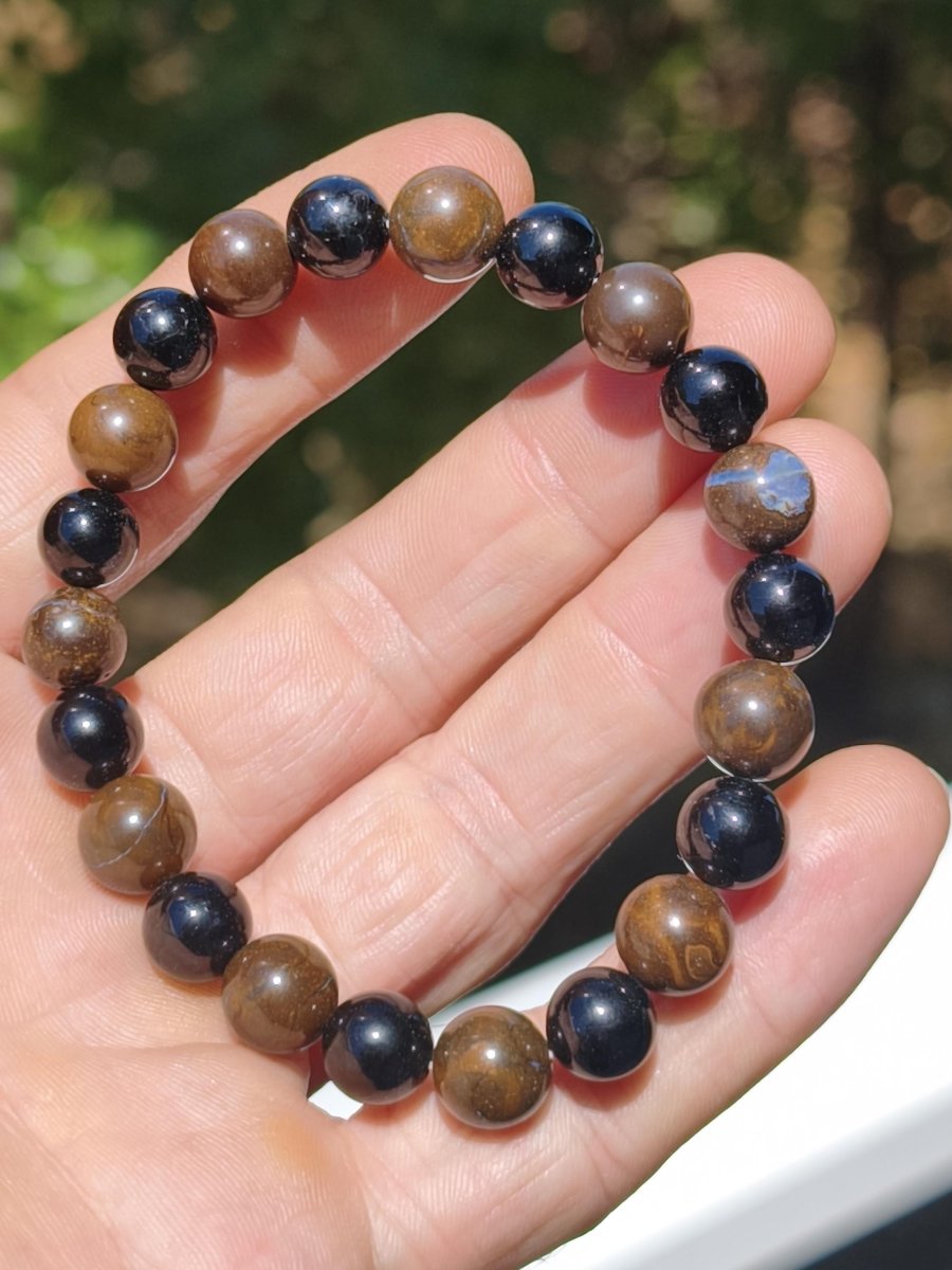 Boulder Opal + Turmalin schwarz (Schorl)- Edelstein Armband Stretch Perlen Geschenk Glück Mann Frau Kind Er Sie Freund Energie - Art of Nature Berlin