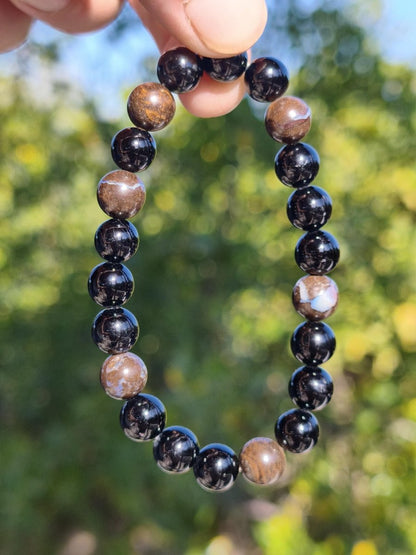 Boulder Opal + Turmalin schwarz (Schorl)- Edelstein Armband Stretch Perlen Geschenk Glück Mann Frau Kind Er Sie Freund Energie - Art of Nature Berlin