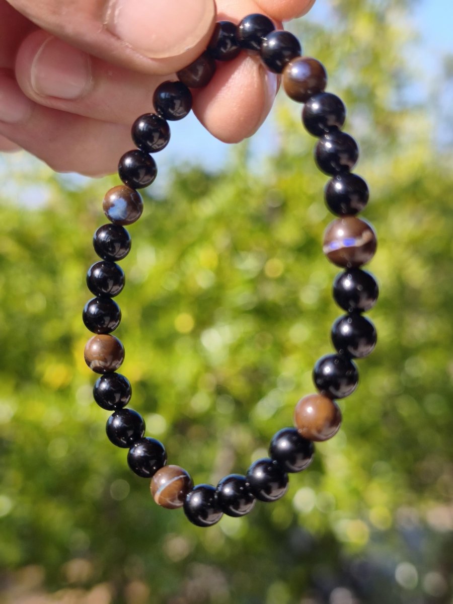 Boulder Opal + Turmalin schwarz (Schorl)- Edelstein Armband Stretch Perlen Geschenk Glück Mann Frau Kind Er Sie Freund Energie - Art of Nature Berlin