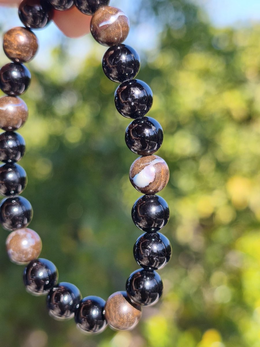 Boulder Opal + Turmalin schwarz (Schorl)- Edelstein Armband Stretch Perlen Geschenk Glück Mann Frau Kind Er Sie Freund Energie - Art of Nature Berlin