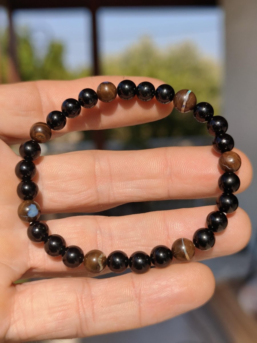 Boulder Opal + Turmalin schwarz (Schorl)- Edelstein Armband Stretch Perlen Geschenk Glück Mann Frau Kind Er Sie Freund Energie - Art of Nature Berlin