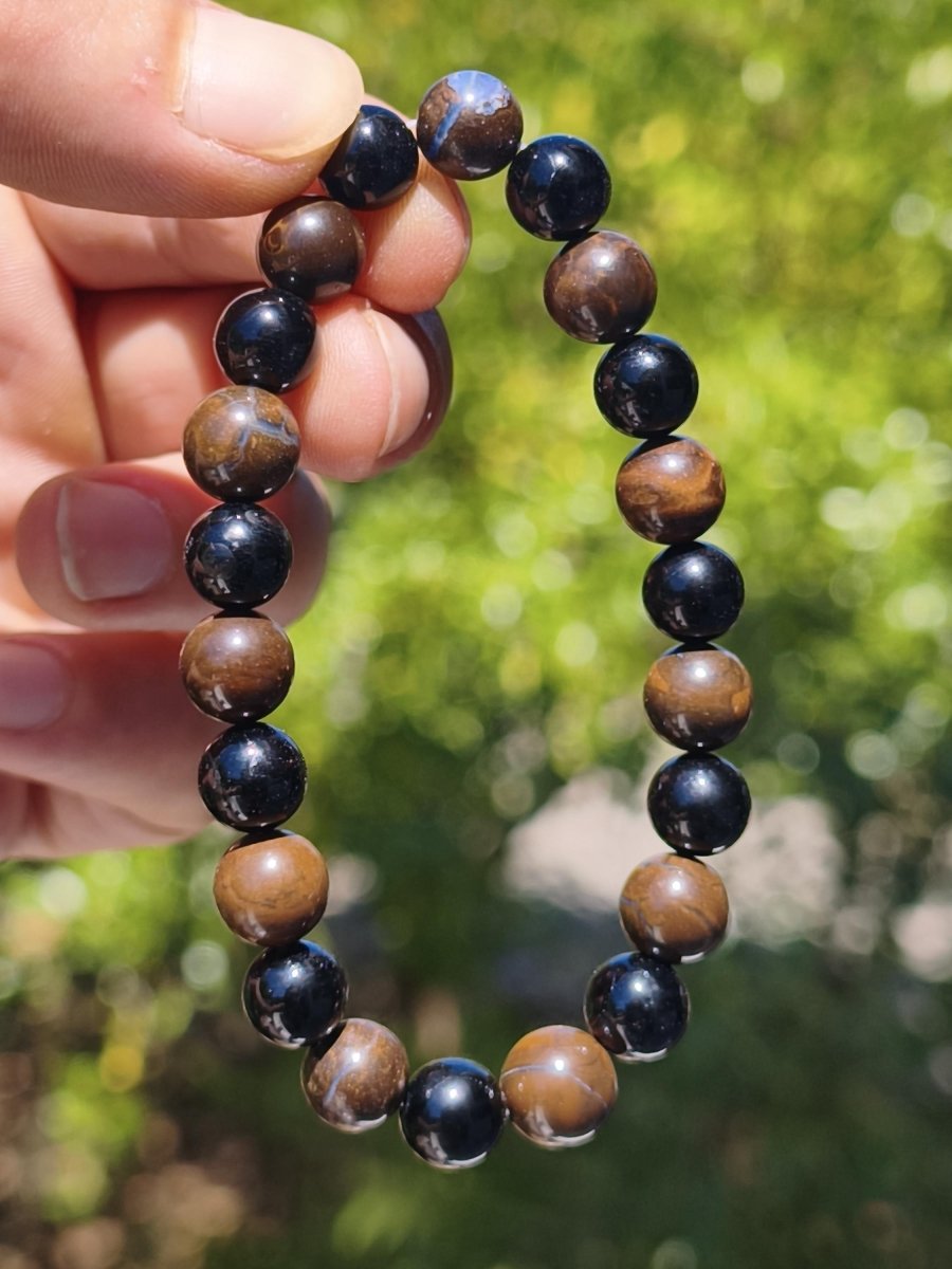 Boulder Opal + Turmalin schwarz (Schorl)- Edelstein Armband Stretch Perlen Geschenk Glück Mann Frau Kind Er Sie Freund Energie - Art of Nature Berlin