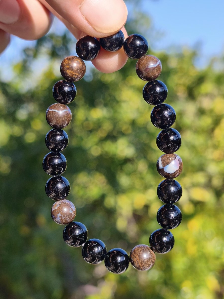 Boulder Opal + Turmalin schwarz (Schorl)- Edelstein Armband Stretch Perlen Geschenk Glück Mann Frau Kind Er Sie Freund Energie - Art of Nature Berlin