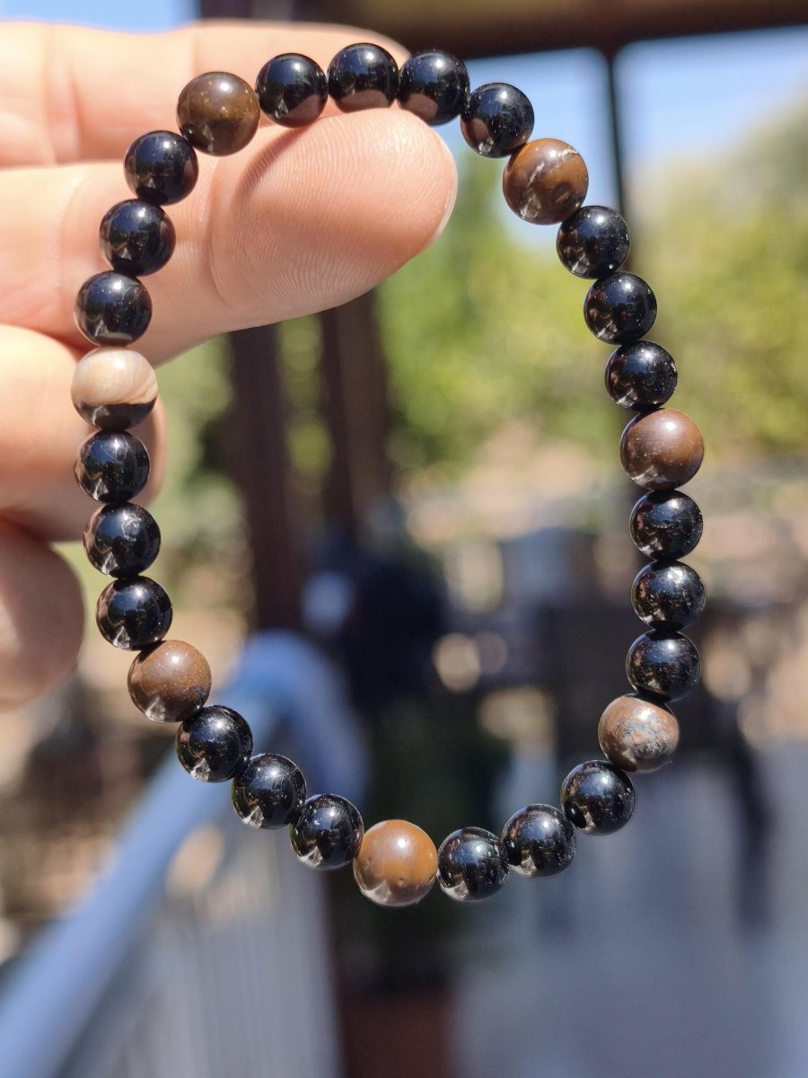 Boulder Opal + Turmalin schwarz (Schorl)- Edelstein Armband Stretch Perlen Geschenk Glück Mann Frau Kind Er Sie Freund Energie - Art of Nature Berlin