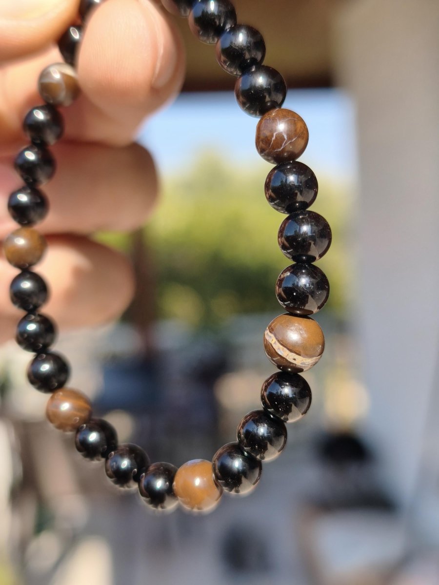 Boulder Opal + Turmalin schwarz (Schorl)- Edelstein Armband Stretch Perlen Geschenk Glück Mann Frau Kind Er Sie Freund Energie - Art of Nature Berlin