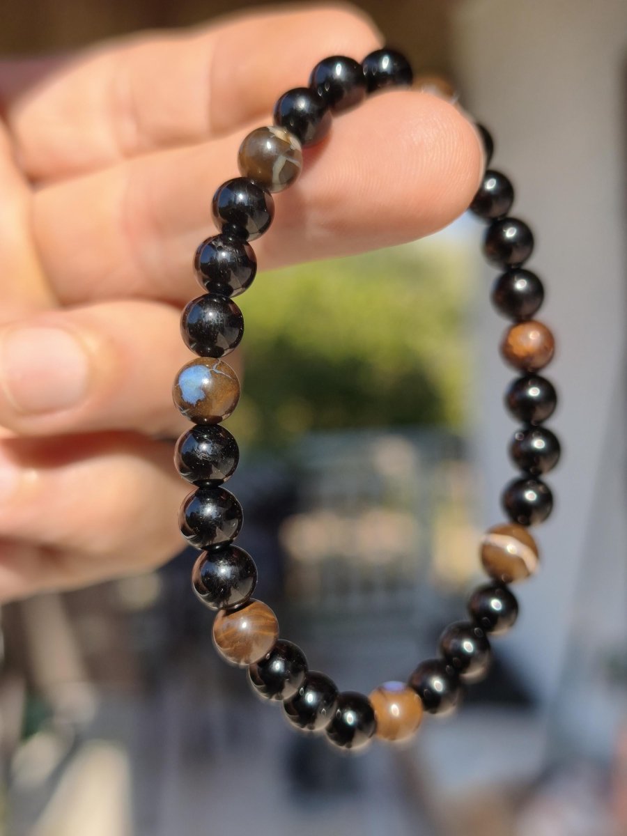Boulder Opal + Turmalin schwarz (Schorl)- Edelstein Armband Stretch Perlen Geschenk Glück Mann Frau Kind Er Sie Freund Energie - Art of Nature Berlin