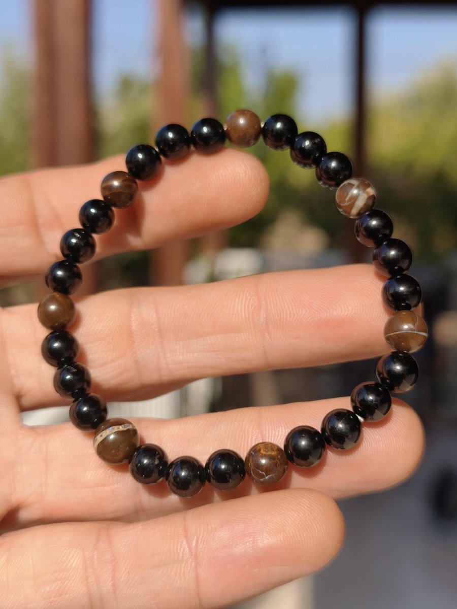 Boulder Opal + Turmalin schwarz (Schorl)- Edelstein Armband Stretch Perlen Geschenk Glück Mann Frau Kind Er Sie Freund Energie - Art of Nature Berlin